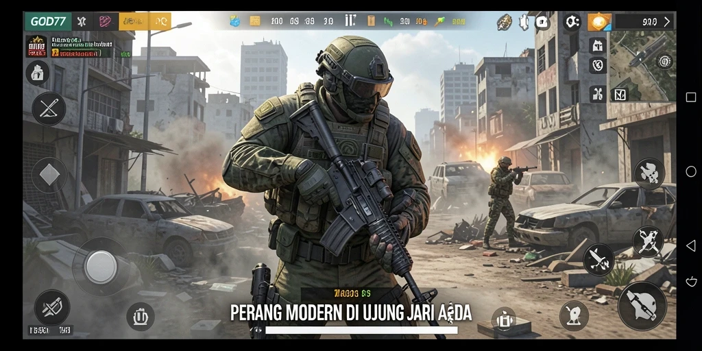 Tampilan gameplay intens dalam <strong>GOD77</strong> menunjukkan aksi tembak-menembak yang mendebarkan.