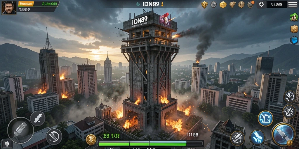 Screenshot gameplay IDN89 menampilkan pertahanan menara yang intens.