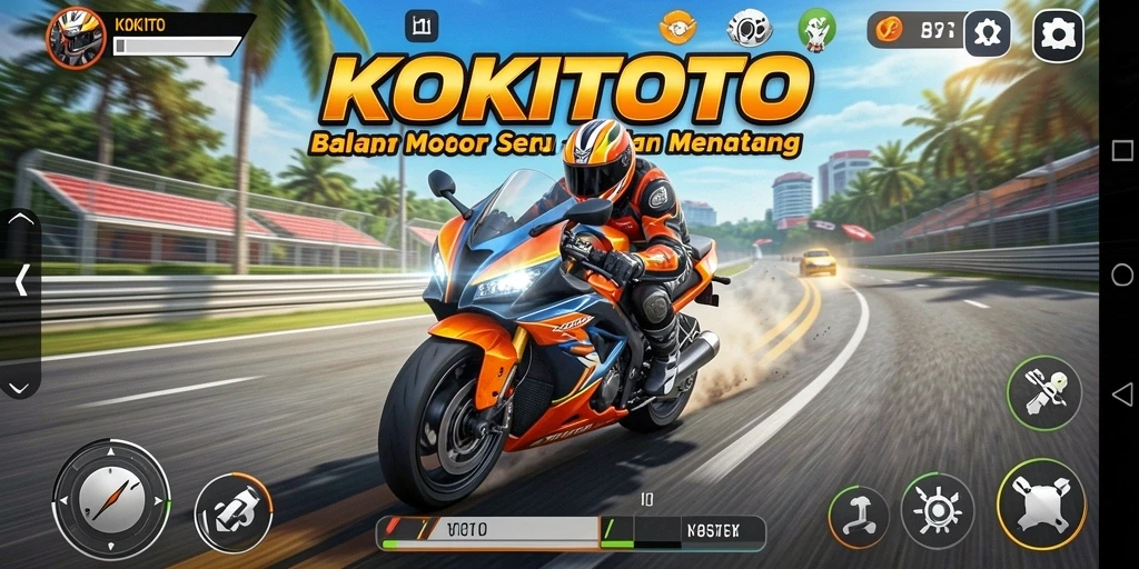 Screenshot gameplay KOKITOTO menampilkan balapan motor yang menegangkan.