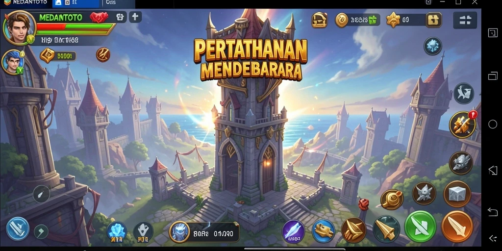 Tampilan gameplay MEDANTOTO dengan menara dan musuh yang dinamis.