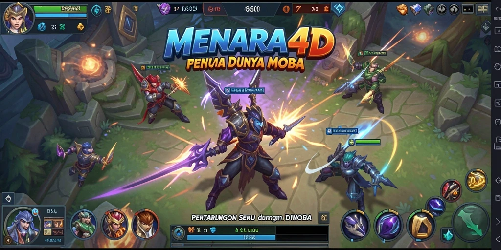 Screenshot utama MENARA4D menampilkan aksi pertarungan seru dalam permainan MOBA.