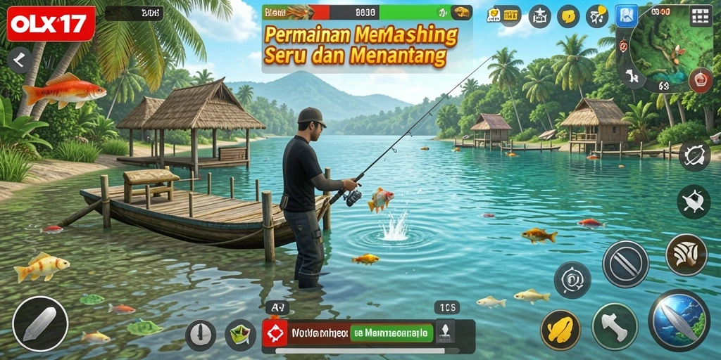 Gameplay OLX17 yang menampilkan keseruan memancing ikan di lokasi indah.